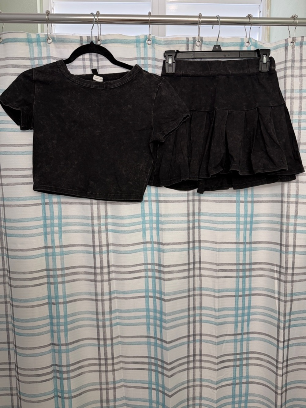 Washed Black Crop Tee and Pleated Mini Skirt Set